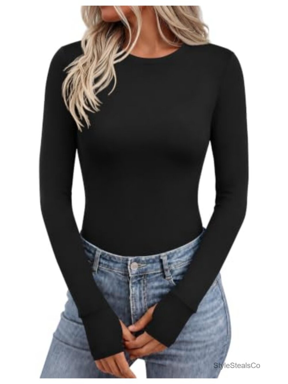 Long Sleeve Crew Neck Shirt with Thumb Holes Women's Stretch Tops